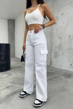 Beyaz Kargo Cepli Likralı Yüksek Bel Wide Leg Pantolon
