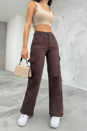 Kahve Kargo Cepli Likralı Yüksek Bel Wide Leg Pantolon