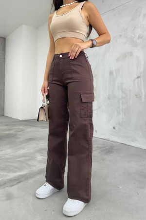 Kahve Kargo Cepli Likralı Yüksek Bel Wide Leg Pantolon