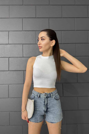 Kadın Fitilli Bisiklet Yaka Arka Pencere Detaylı Fitted/Vücuda Oturan Crop Top Bluz