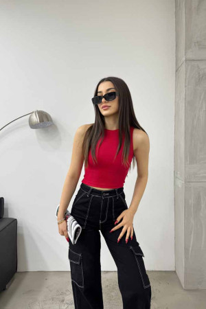Kadın Fitilli Bisiklet Yaka Arka Pencere Detaylı Fitted/Vücuda Oturan Crop Top Bluz