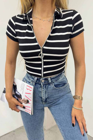 Kadın Çizgili Fermuar Detaylı Crop Bluz