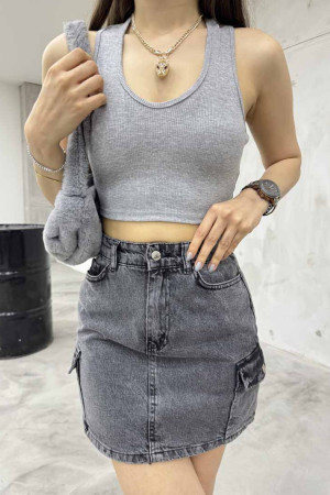 Kadın Oval Yaka Pamuklu fitilli Kaşkorse Crop Atlet