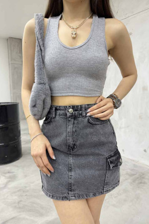 Kadın Oval Yaka Pamuklu fitilli Kaşkorse Crop Atlet
