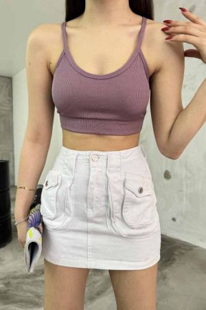Kadın İp Askılı Fitilli Pedli Örme Crop Top Bluz